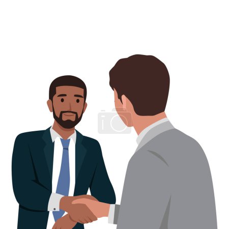 Dos hombres de negocios internacionales caucásicos y negros estrechando las manos. Ilustración vectorial plana aislada sobre fondo blanco