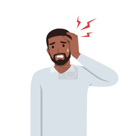 Téléchargez les illustrations : Jeune homme noir ayant mal à la tête, migraine. Illustration vectorielle plate isolée sur fond blanc - en licence libre de droit