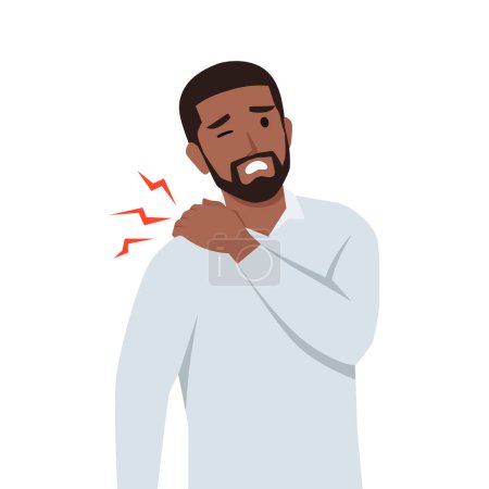Illustration for Young man Unhealthy man touch shoulder suffer from back injury or trauma. Flat vector illustration isolated on white background - Royalty Free Image