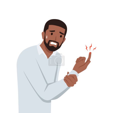 Young black man Sore finger or pain. Flat vector illustration isolated on white background