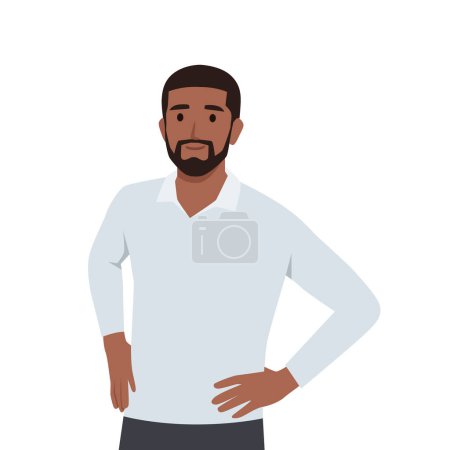 Young Self confident guy, a man stands in a heroic pose. Flat vector illustration isolated on white background