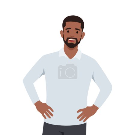 Jeune homme noir confiant en soi se tient dans une pose héroïque. Illustration vectorielle plate isolée sur fond blanc