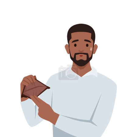 Young black man is sighing as he looks into his empty wallet. Flat vector illustration isolated on white background