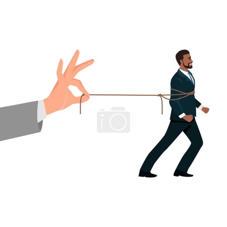 Boss Hand zieht einen gestressten schwarzen Mann am Seil. Flache Vektordarstellung isoliert auf weißem Hintergrund