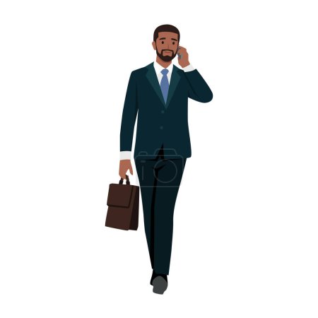Der junge schwarze Geschäftsmann läuft mit Handy und Aktentasche herum. Flache Vektordarstellung isoliert auf weißem Hintergrund
