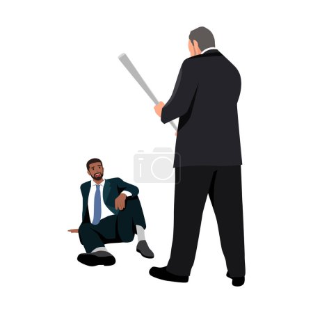 Illustration for Boss hammer looking at a nail employee. Employee is afraid of his boss with a baton or Bar. Flat vector illustration isolated on white background - Royalty Free Image