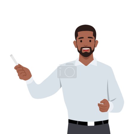 Young man presenting and explaining something. Confident smiling businessman. Flat vector illustration isolated on white background