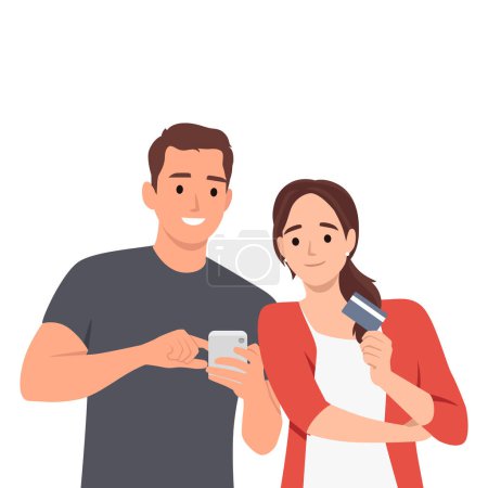 Man and woman using mobile phone with credit card booking hotel or event tickets. Flat vector illustration isolated on white background