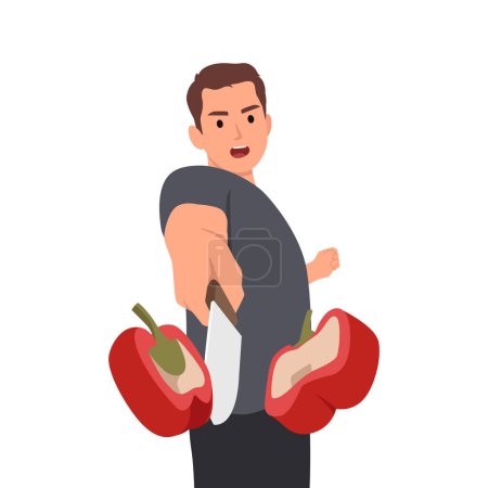 Illustration for Midsection of man cutting bell peppers with knife and style. Flat vector illustration isolated on white background - Royalty Free Image