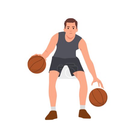 Basketball player bouncing two balls. Flat vector illustration isolated on white background