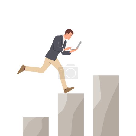 Running man hold netbook arrows point analysis data finance knowledge earnings economy stock success trade. Flat vector illustration isolated on white background
