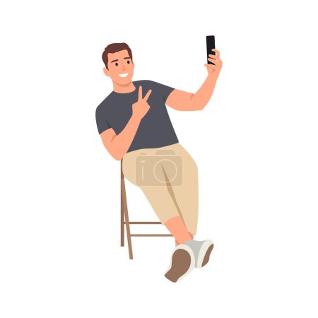 Ilustración de Joven sentado en la silla y tomando selfie. Ilustración vectorial plana aislada sobre fondo blanco - Imagen libre de derechos