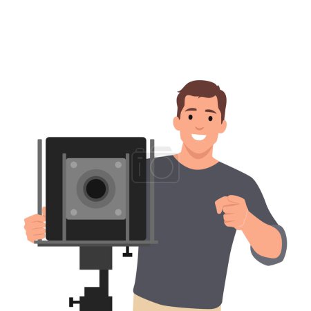 Young man videographer filmmaker cinematographer dop. Flat vector illustration isolated on white background