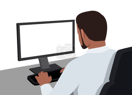 Young black man working on a computer. View from his back with blank screen. Flat vector illustration isolated on white background