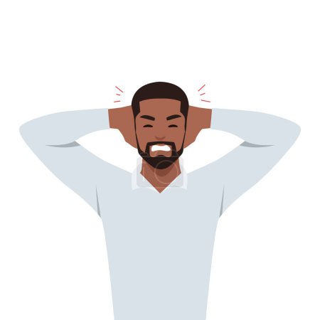 Young black man covering his ears with his hands. Flat vector illustration isolated on white background