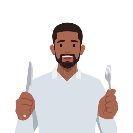 Ilustración de Joven negro sosteniendo cuchillo y tenedor. Hombre hambriento esperando comida. Ilustración vectorial plana aislada sobre fondo blanco - Imagen libre de derechos