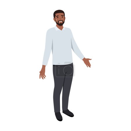 Illustration for Young black man Gesture oops, sorry or I do not know. The man shrugs and spreads his hands. Flat vector illustration isolated on white background - Royalty Free Image