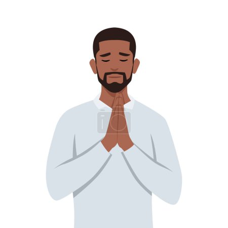Jeune homme noir tenant la main pliée dans la prière. Illustration vectorielle plate isolée sur fond blanc