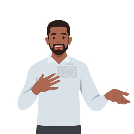 Ilustración de Joven hombre negro de pie y hablando con gesto de mano tratando de condenar. Ilustración vectorial plana aislada sobre fondo blanco - Imagen libre de derechos