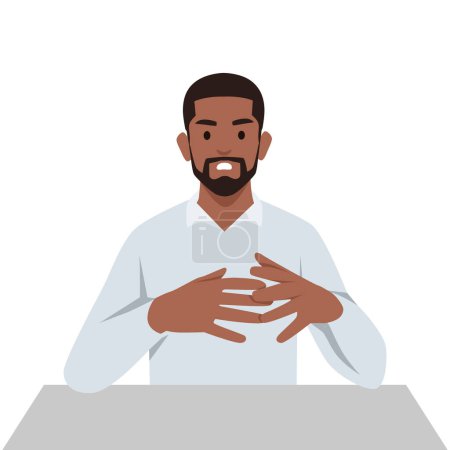 Young black man talking to viewer with unhappy face. Flat vector illustration isolated on white background