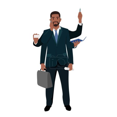 Young black Businessman do a multi tasking. Flat vector illustration isolated on white background