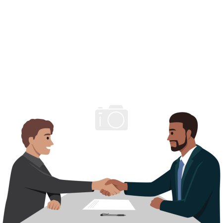 Business man partnership beginning. Businessman partners shaking hands after signing contract. Flat vector illustration isolated on white background