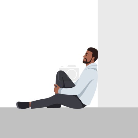 Téléchargez les illustrations : Jeune homme noir déprimé personnage assis sur le sol et penser à son avenir. Illustration vectorielle plate isolée sur fond blanc - en licence libre de droit