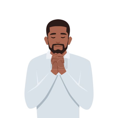 Junger schwarzer Mann, der Hände hält, betet und Andacht hält, religiöses Konzept. Flache Vektordarstellung isoliert auf weißem Hintergrund