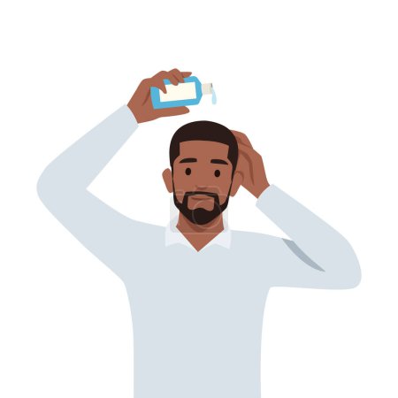 Young black man sprinkle hair growth products on his head. Flat vector illustration isolated on white background