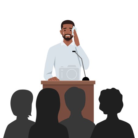 Schüchterner junger Mann, der schwitzt, Angst und Beklemmung verspürt, während er öffentlich spricht. Flache Vektordarstellung isoliert auf weißem Hintergrund