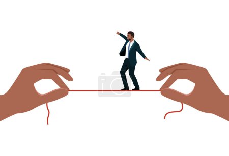 Young black businessman walking on thin rope. Flat vector illustration isolated on white background