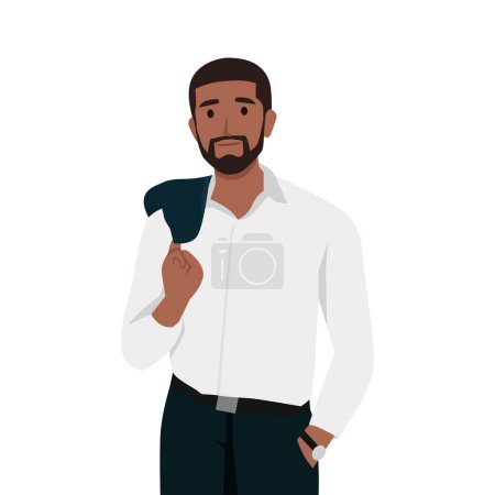 Self assured black man wearing sun shades standing with jacket over his shoulder. Flat vector illustration isolated on white background