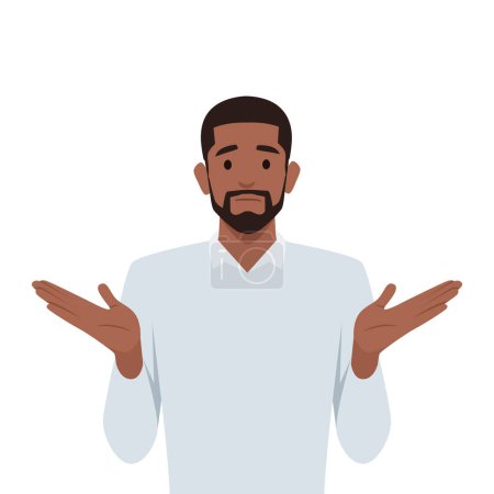 Illustration for Gesture oops, sorry or I do not know. Black man shrugs and spreads his hands. Flat vector illustration isolated on white background - Royalty Free Image