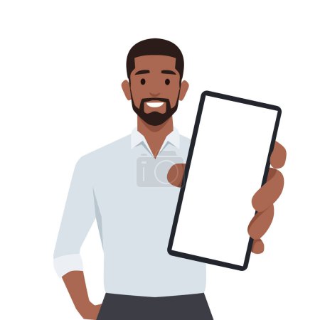 Young man holding smartphone close up. Flat vector illustration isolated on white background