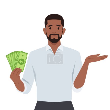 A man confused about how to invest holding money dollar. Flat vector illustration isolated on white background