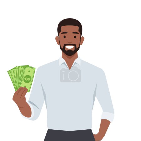 Geschäftsmann im Anzug steht mit einem Fan von Dollar-Bargeld und zeigt Geld. Flache Vektordarstellung isoliert auf weißem Hintergrund