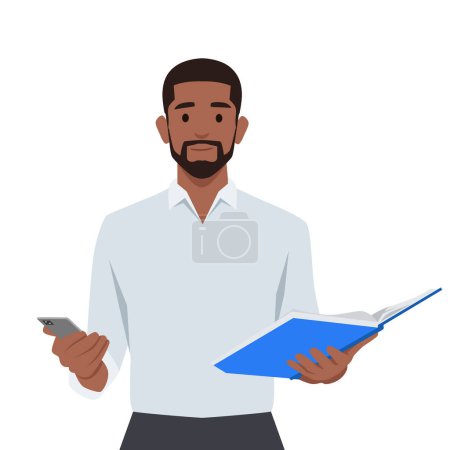 Illustration for Male teacher holding book having online lesson on cellphone. Flat vector illustration isolated on white background - Royalty Free Image