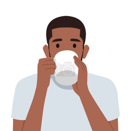 Hombre disfrutando de una bebida caliente de café después de despertarse por la mañana. Ilustración vectorial plana aislada sobre fondo blanco