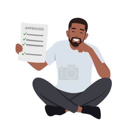 Man holding blank paper and showing thumb up. Flat vector illustration isolated on white background