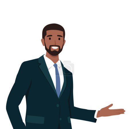 Businessman presenting something with suit and tie. Flat vector illustration isolated on white background