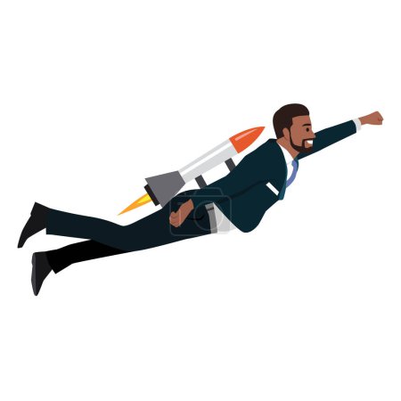Joven hombre de negocios negro volando con ilustración jet pack. Ilustración vectorial plana aislada sobre fondo blanco