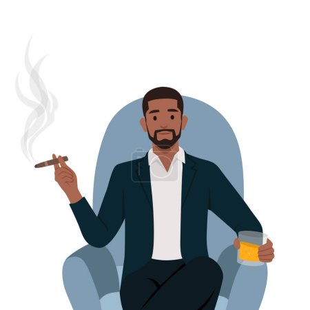 Young man aristocrat sits in armchair in expensive formal suit and drinks brandy with cigar. Flat vector illustration isolated on white background