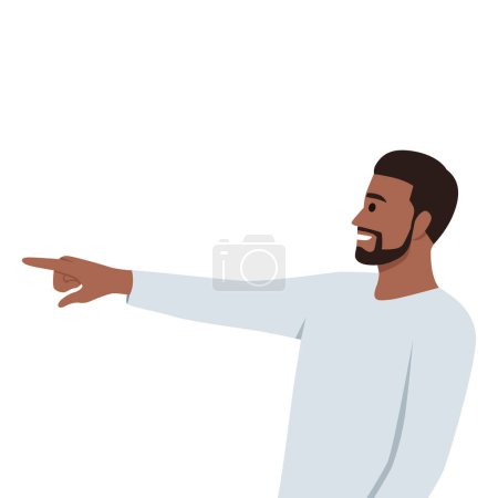 Portrait of a black man with a young facial expression pointing his finger to the left. Flat vector illustration isolated on white background
