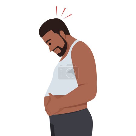 Joven hombre negro gordo preocupado por la grasa del vientre. Ilustración vectorial plana aislada sobre fondo blanco