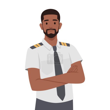 Young black pilot crossed his hand. Flat vector illustration isolated on white background