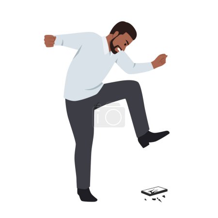 Ilustración de Hombre de negocios negro enojado lanzando su teléfono móvil. Ilustración vectorial plana aislada sobre fondo blanco - Imagen libre de derechos