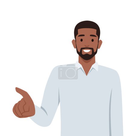 Standing business man pointing with index finger at viewer. Flat vector illustration isolated on white background