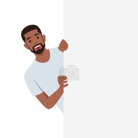 Peeking behind the wall with man hold his hands on edge of blank with copy space. Flat vector illustration isolated on white background