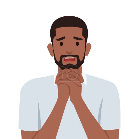 Young black man feeling sorry. Flat vector illustration isolated on white background