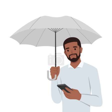Ilustración de Sad man with umbrella stands in rain and reads SMS in mobile phone. Flat vector illustration isolated on white background - Imagen libre de derechos